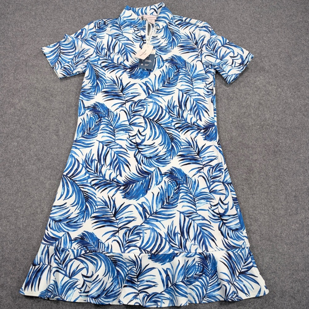 Tommy Bahama Golf Dress Womens XS Blue White Palm Print Ruffle Hem UPF 50 NEW